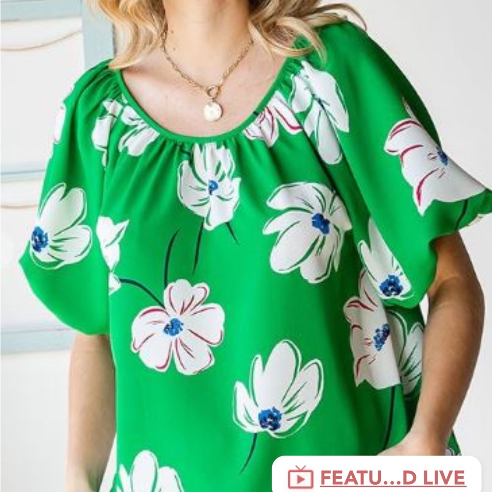 Green Shirred Floral Top
